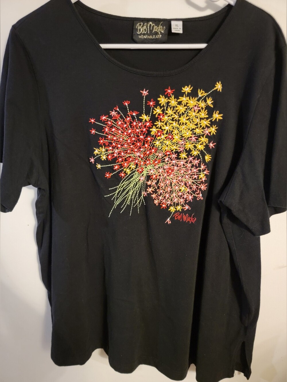 Bob Mackie Wearable Art Black Tee with Colorful Floral Embroidery